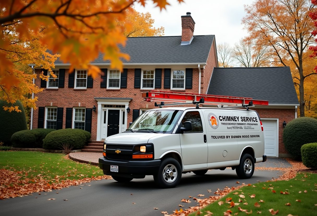 Chimney service van in a colonial home driveway — Oakton